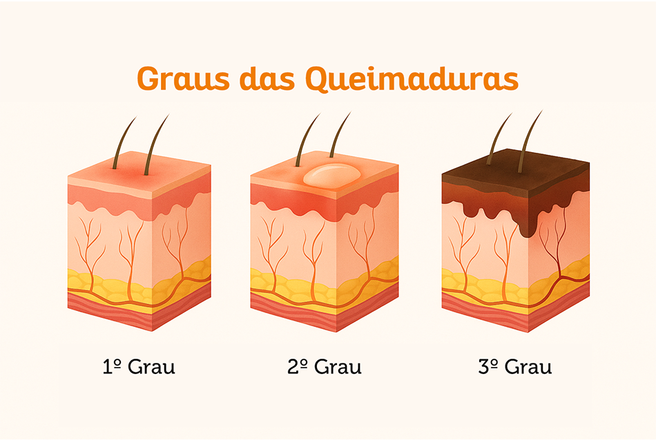Imagem apresentando os três tipos de graus de uma queimadura